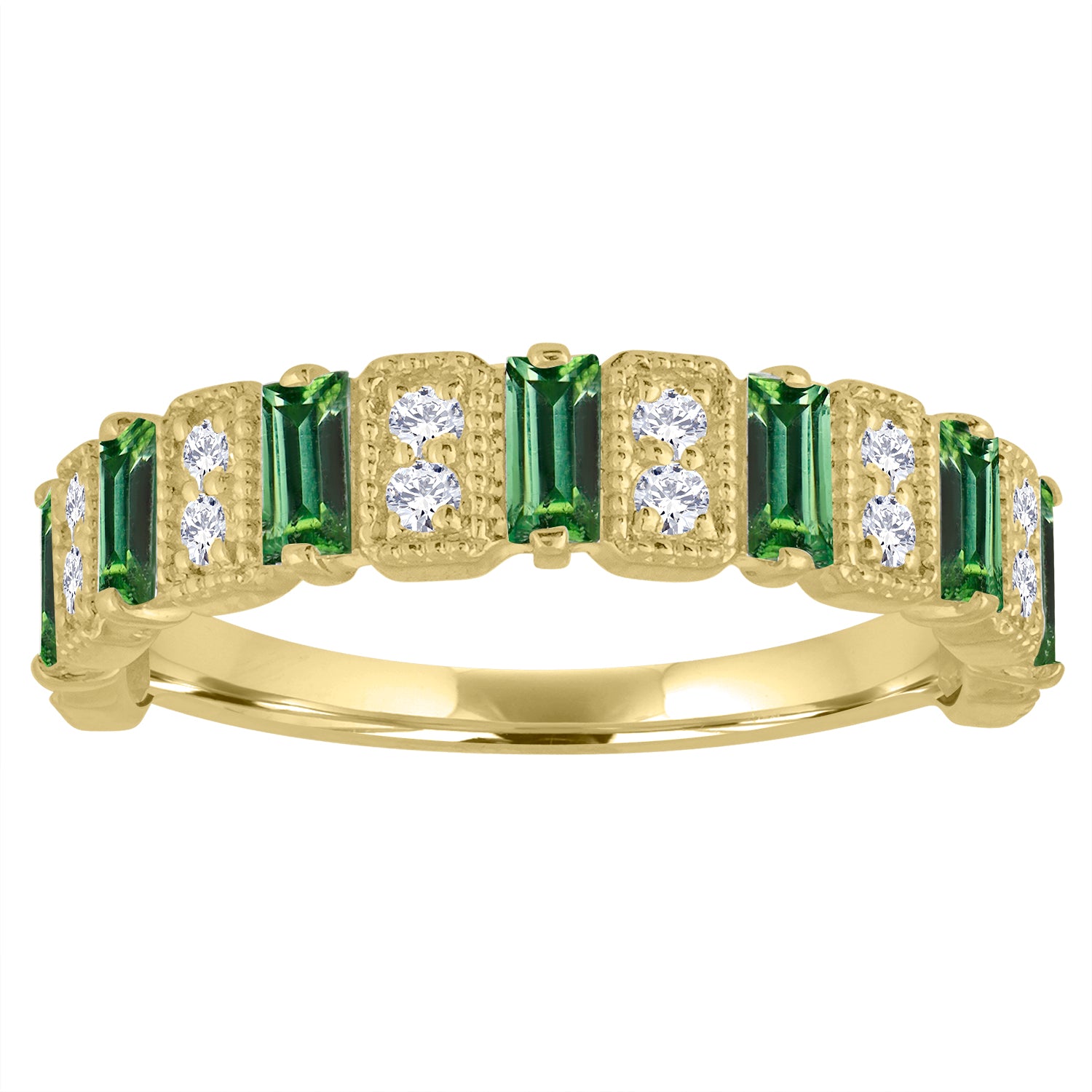 Yellow gold wide band with emerald baguettes and round diamonds.