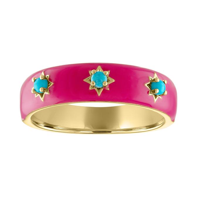 Yellow gold wide gypsy ring with fuchsia enamel and round turquoises.
