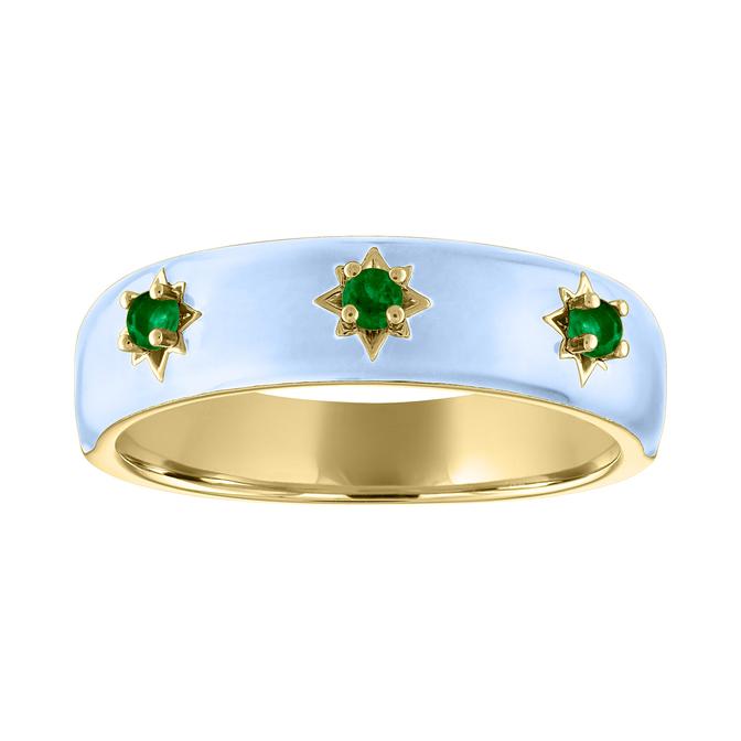 Yellow gold wide gypsy ring with light blue enamel and round emeralds.