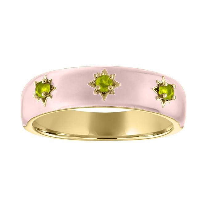 Yellow gold wide gypsy ring with light pink enamel and round peridots.