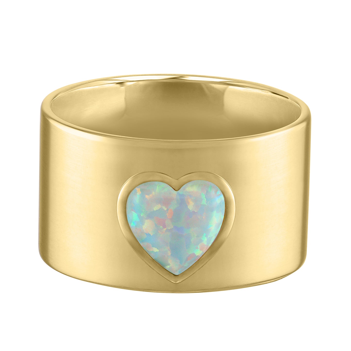 Yellow gold wide band with heart shaped opal in the center.