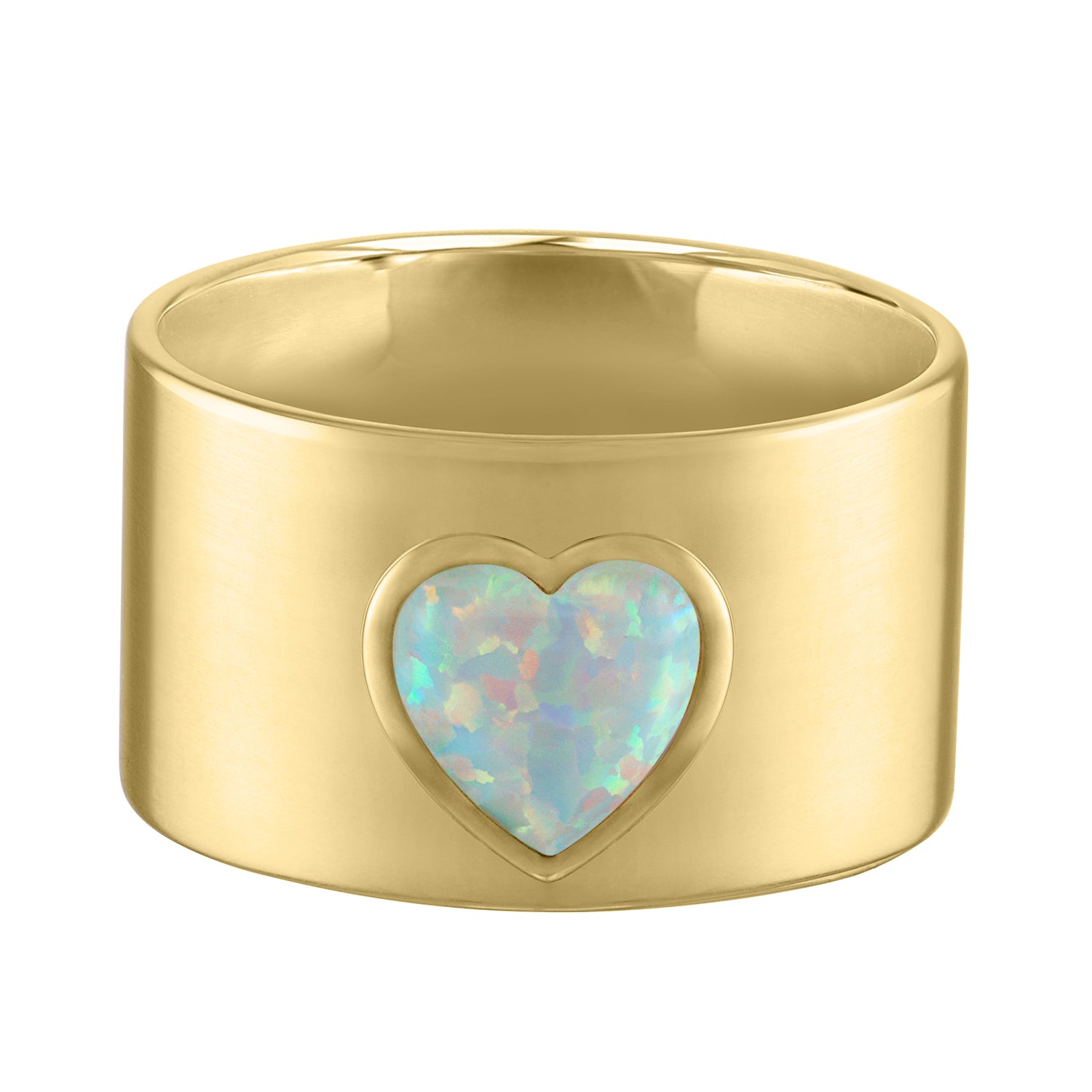 Yellow gold wide band with heart shaped opal in the center.