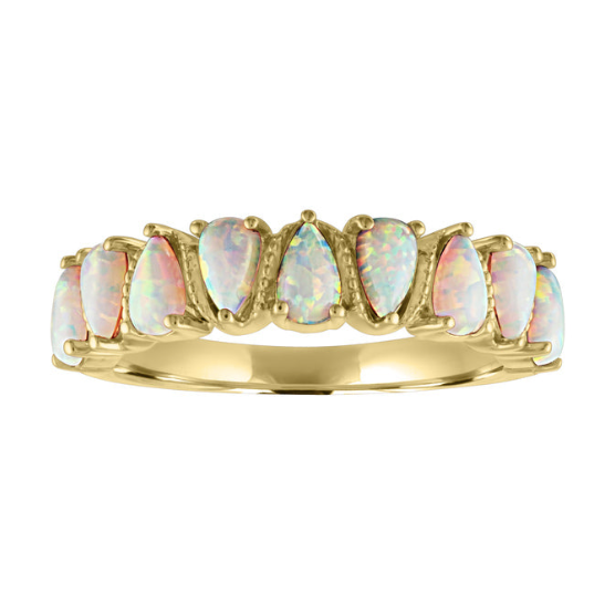 Yellow gold wide band with alternating pear shaped opals. 