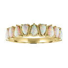 Yellow gold wide band with alternating pear shaped opals. 