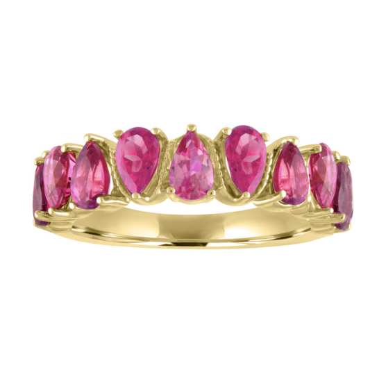 Yellow gold wide band with alternating pear shaped pink tourmalines. 