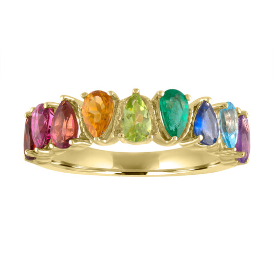 Yellow gold wide band with alternating pear shape multicolor stones. 