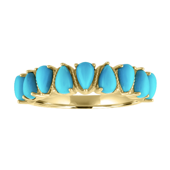 Yellow gold wide band with alternating pear shaped turquoises. 