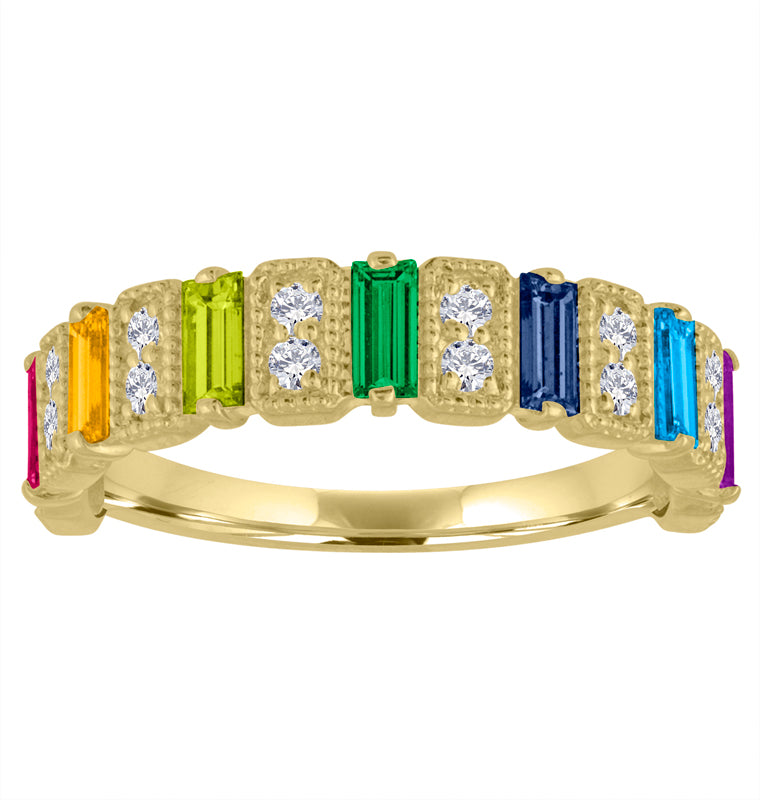 Yellow gold wide band with multicolor baguettes and round diamonds.