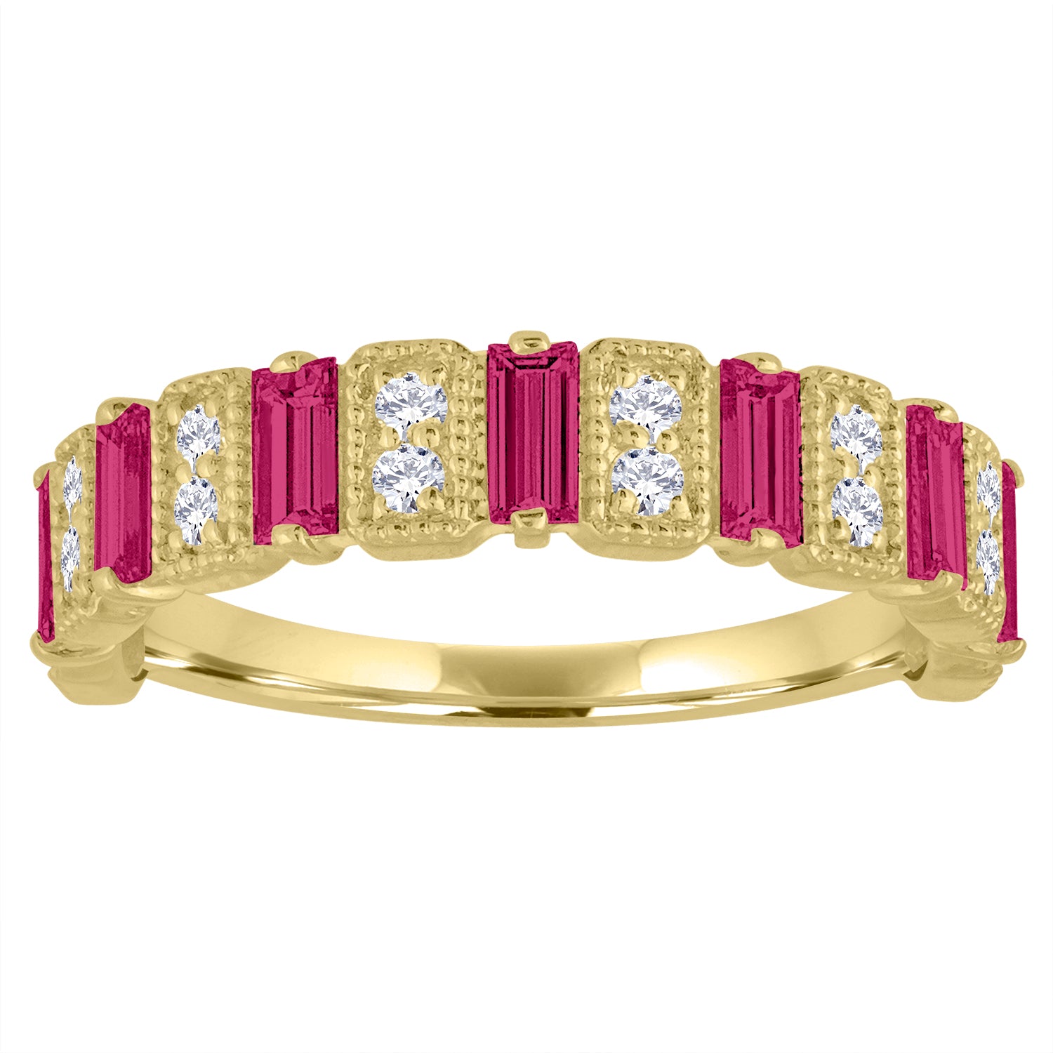 Yellow gold wide band with ruby baguettes and round diamonds.