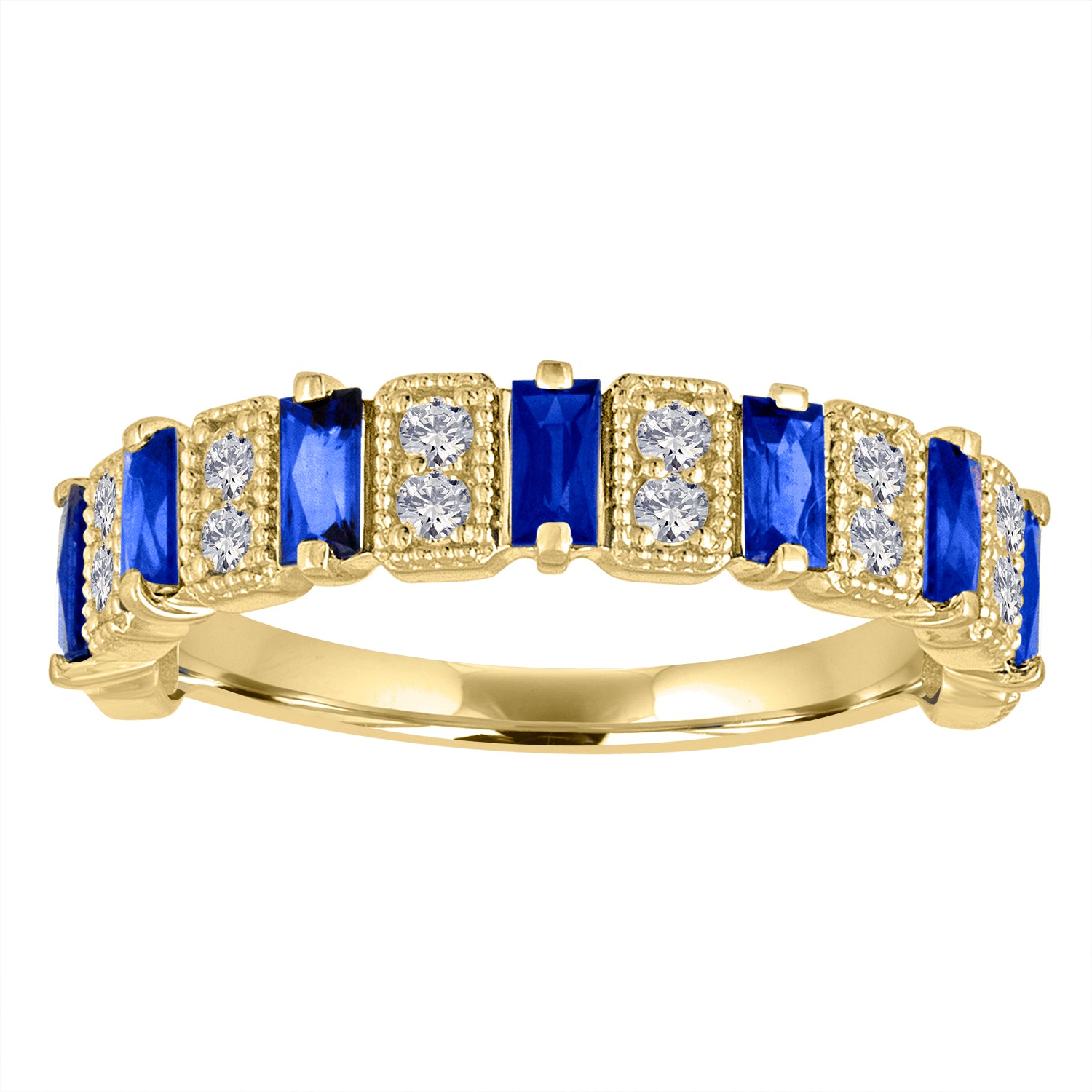 Yellow gold wide band with blue sapphire baguettes and round diamonds.