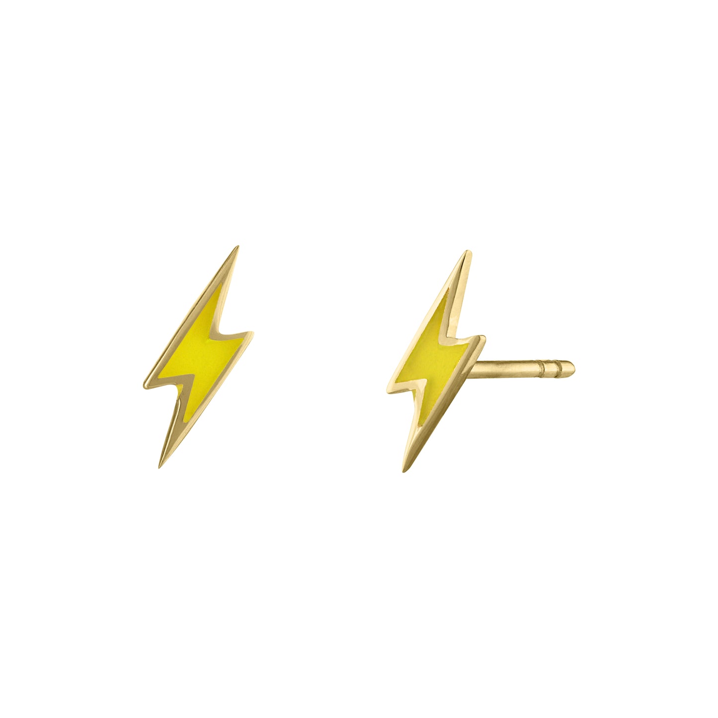 Yellow gold pair of lightning bolt earrings with yellow enamel.