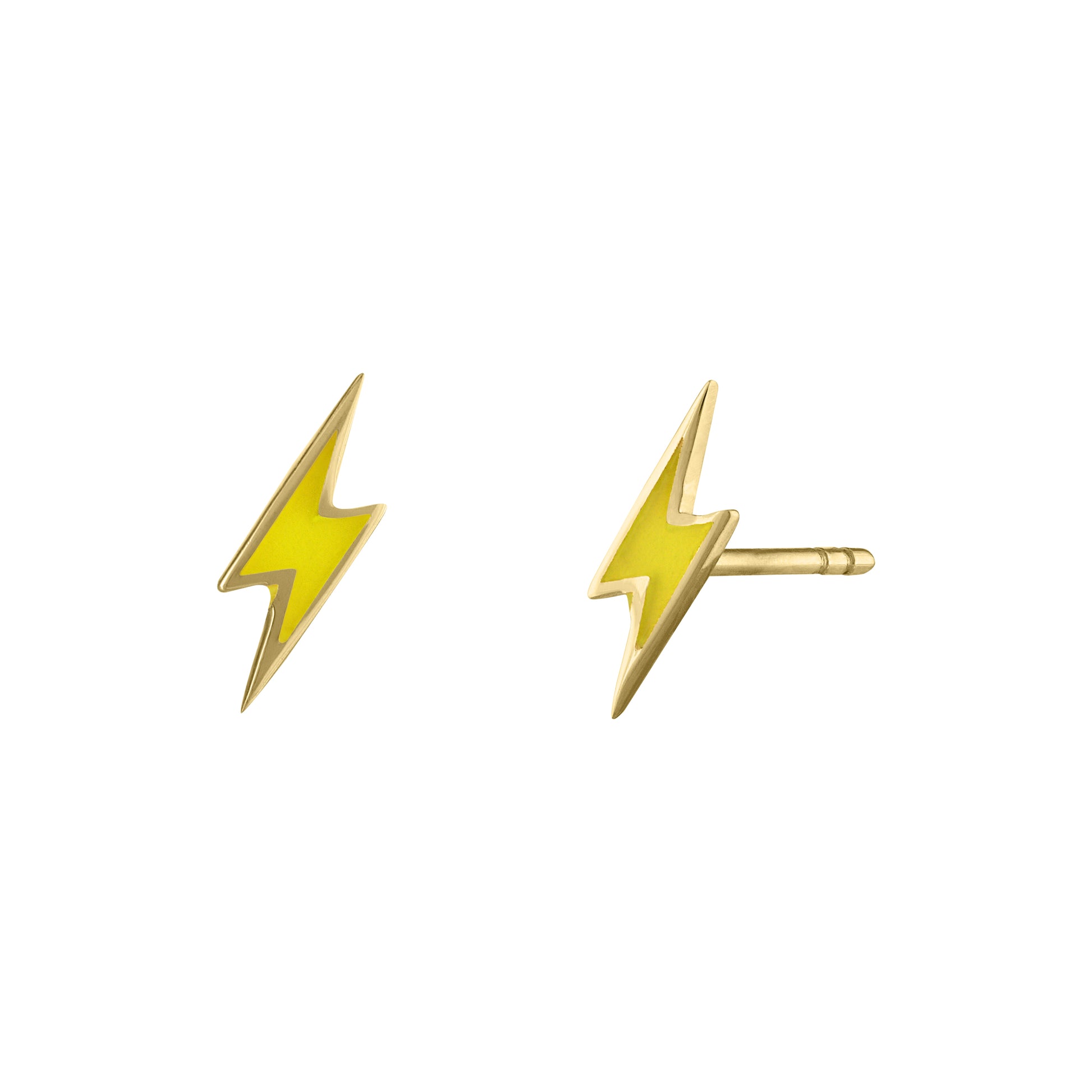 Yellow gold pair of lightning bolt earrings with yellow enamel.